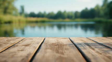 Empty wooden deck near a peaceful pond with bright sunlight and dragonflies, creating an inviting and tranquil outdoor scene