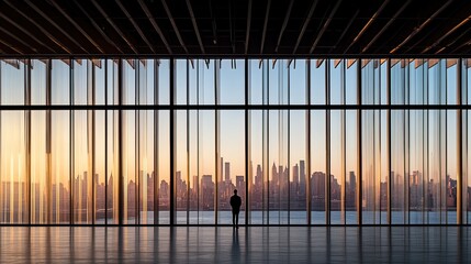Man Contemplates Cityscape Sunrise Through Floor-to-Ceiling Window