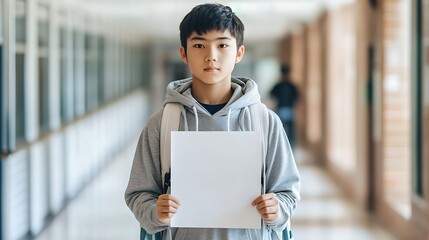 Student holding blank paper mock up in school hallway white background personal expression academic environment