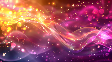 Abstract colorful waves with glowing lights and bokeh effects.
