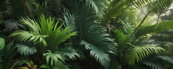 Palm fronds and exotic leaf species growing together in a vibrant jungle atmosphere, green, tropical