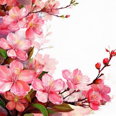 Obraz premium Illustration of beautiful close up cherry blossom border in springtime on white background with space for text