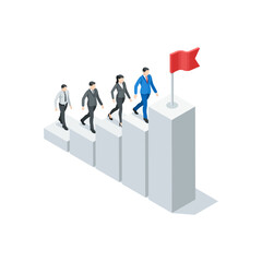 isometric vector business people climb chart to flag, in color on white background, path to success or personal growth