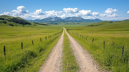 Fototapeta premium Country road leads to mountains under blue sky. Use Travel brochure, website background