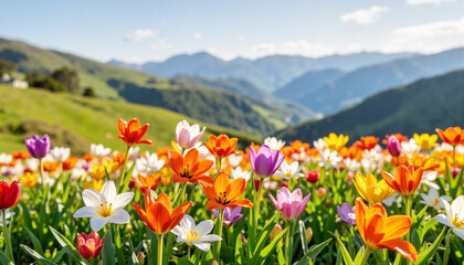 Obraz premium Colorful tulip field blooming on hillside, vibrant spring landscape