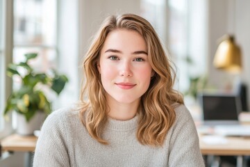 Young woman with medium length blonde hair wearing a light sweater smiling in a bright and comfortable indoor workspace