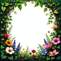 Fototapeta premium Overgrown garden with wildflowers and vines, green, flowers