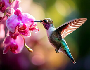 Obraz premium A hummingbird is perched on a pink flower. The bird is drinking nectar from the flower