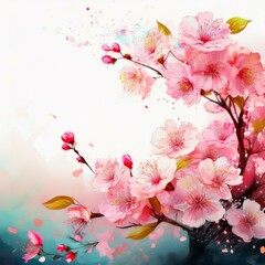 Illustration of beautiful close up cherry blossom border in springtime on white background with space for text