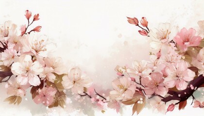 Obraz premium Illustration of beautiful close up cherry blossom border in springtime on white background with space for text