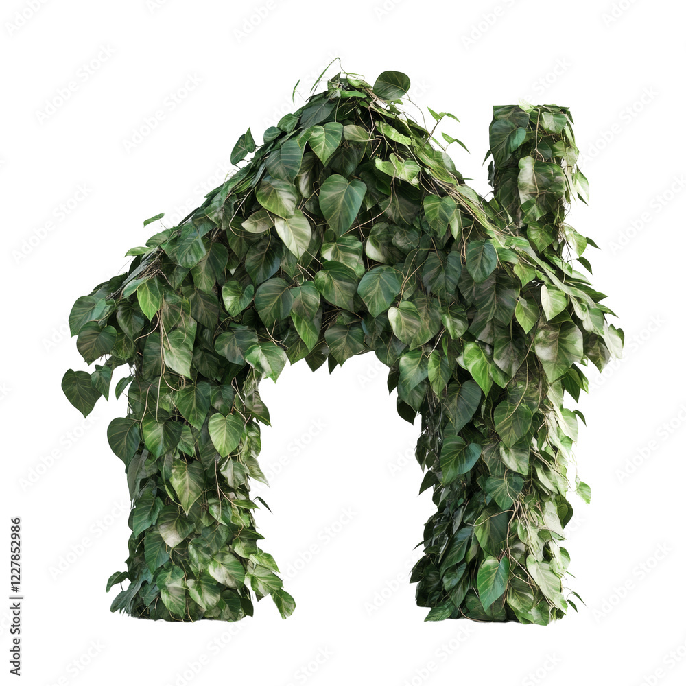 Poster a digital image showing a house shape completely covered in lush green foliage.