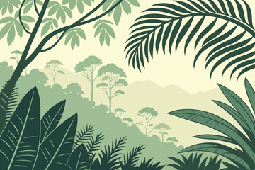 Lush tropical jungle, vibrant green palm fronds, misty forest background, soft sunlight filtering through leaves, watercolor painting style, dreamy atmosphere, detailed botanical illustration, layered