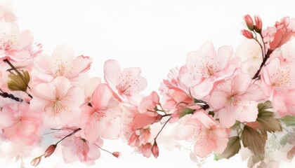 Obraz premium Illustration of beautiful close up cherry blossom border in springtime on white background with space for text