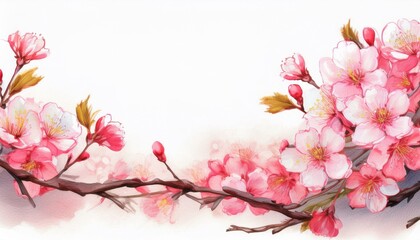 Fototapeta premium Illustration of beautiful close up cherry blossom border in springtime on white background with space for text