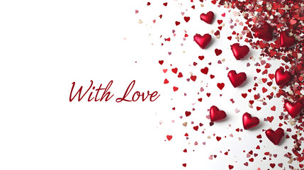 Valentine's Day card with heart-shaped confetti falling from above and a "With Love" message isolated on white background in HD