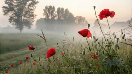 Naklejka premium Soft focus of red poppies in a misty morning landscape, foggy dawn, peaceful morning, misty landscape, natural scenery, impressionist photography
