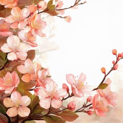 Obraz premium Illustration of beautiful close up cherry blossom border in springtime on white background with space for text