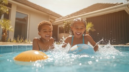 Children swim in pool on backyard garden cartoon. Happy little girl and american boy friends on swimming party with inflatable ball. Cute joyful family activity on sunny day outside home with grass