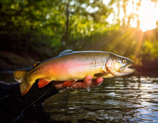 A person is holding a fish in their hand. The fish is brown and has a red tail