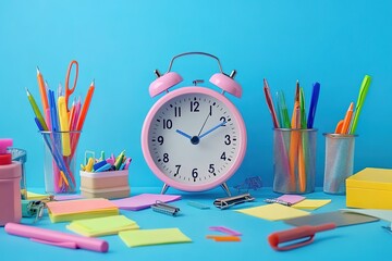 A colorful alarm clock surrounded by office supplies like pens, sticky notes, and orientations on a blue background.