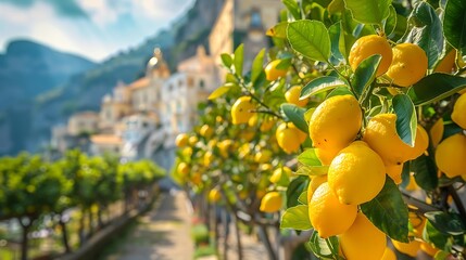 Lemon tree with ripe lemons on the background of the town of Amalfi, Italy