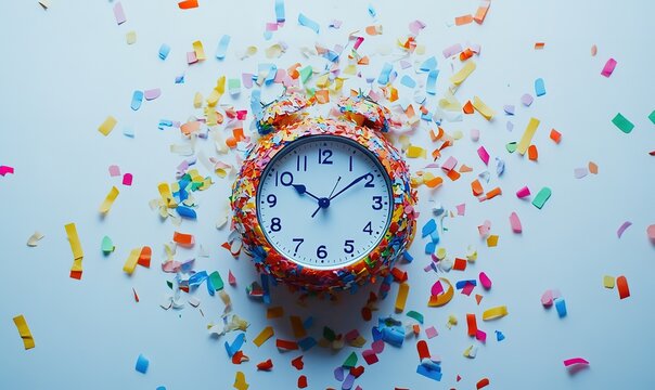 A colorful alarm clock with confetti on a white background, a flat lay banner for a party or celebration event.