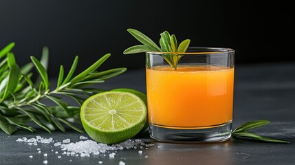 A refreshing yellow cocktail sits elegantly on a dark table, garnished with lime, salt, and a slice of mango, showcasing vibrant colors