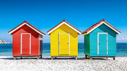 Colorful Beach Huts by the Ocean Against a Clear Blue Sky
