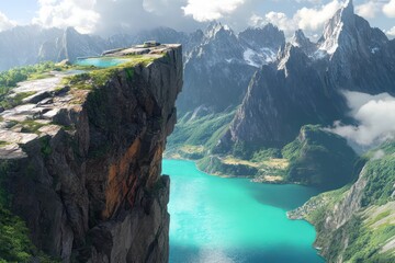 A dramatic cliffside overlooking a turquoise alpine lake, surrounded by jagged peaks and lush green slopes
