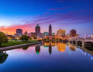 stunning indianapolis skyline reflecting on the water at twilight with vibrant colors and city lights