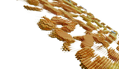 3D render of golden spheres forming an abstract shape. Perfect for luxury, technology, or finance concepts.