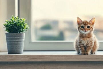Adorable ginger kitten resting on a windowsill next to a small potted plant, enjoying natural light and a warm domestic ambiance