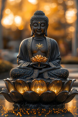 Fototapeta premium Buddha Statue in Lotus: A serene black Buddha statue adorned with intricate gold accents sits gracefully on a lotus pedestal, illuminated by soft warm lights.