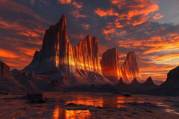 A dramatic desert with towering mesas glowing in amber light under a vivid sunset