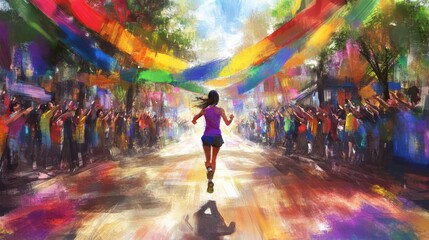 Vibrant Finish Line Celebration in Cartoon Style