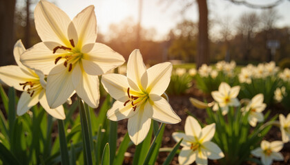 Naklejka premium Easter lilies blooming in peaceful garden at twilight, serene beauty