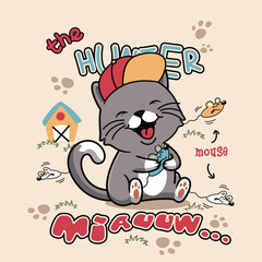 Adorable cat character hunting mice in a playful and energetic vector illustration.
