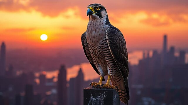 Majestic falcon perched against a vibrant sunset over a city skyline