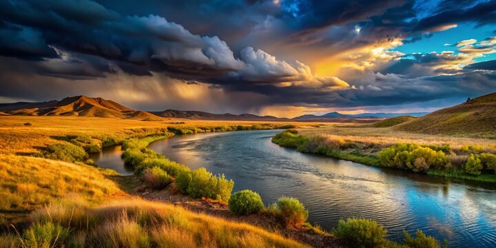 Dramatic Low Light Stormy Chilik River, Kazakhstan Steppes Landscape Photography