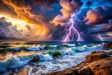 Naklejka premium Dramatic Ocean Storm Double Exposure: Lightning Strikes & Waves Crashing