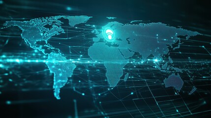 Illuminated world map, visualizing global connections and data flow in modern digital age