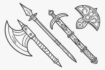 Medieval weapons, hand-drawn illustrations, black and white sketches, swords, axes, bows, arrows, daggers, fantasy armory, intricate details, vintage style, sharp edges, ornate hilts, battle-ready, an