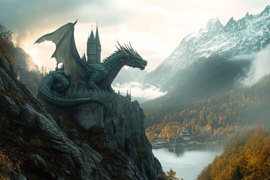 Dragon in castle in mountainous landscape.