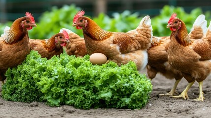 Fototapeta premium Chickens foraging around fresh lettuce and a freshly laid egg in a rustic farm setting during daytime
