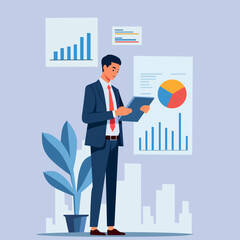illustration features a businessman in a suit analyzing data on a tablet. Behind him are charts and graphs representing business analytics and growth statistics