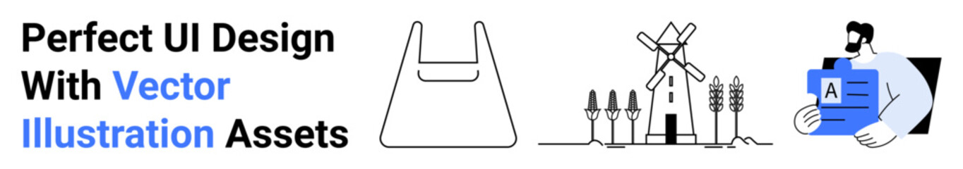 Abstract paper bag outline, windmill scenery with trees, professional holding a clipboard. Ideal for sustainability, eco-design, digital assets, UIUX, creativity, business flat landing page banner