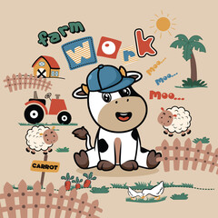 Adorable and cool cow standing on a lush farmland in a vibrant vector illustration.
