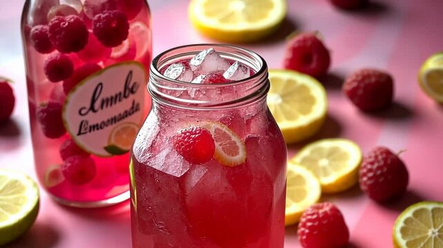 Refreshing raspberry lemonade in a glass jar with lemon slices