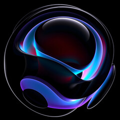 3d render abstract art of surreal 3d ball sphere in curved wavy round and spherical lines forms in transparent fluorescent plastic material with glowing blue neon color parts on black background