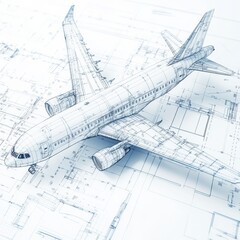 Technical blueprints depicting the design of an airplane showcasing intricate details and engineering mastery in aviation. Generative AI